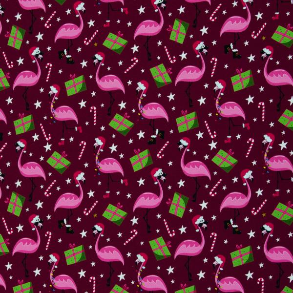 French Terry Holly Weihnachtsflamingos auf Burgundy by Swafing